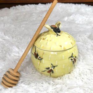 Vintage Yellow Glazed 3D Honey Pot with Wood Honey Dipper